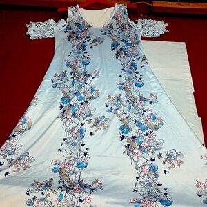 BLUE Japanese pink plants COLD open SHOULDER V neck coquette MAXI DRESS Asian M